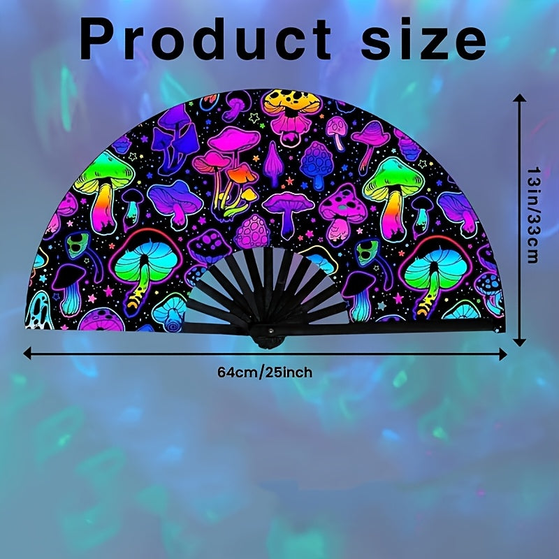 33.02cm UV Glow Carnival Folding Fan - Vibrant Neon Mushroom & Butterfly Design, Durable Plastic, Perfect for Parties, Festivals, and Gifts, Handheld & Button Operated, Festive Accessory | Glow Party Fan | Durable Plastic Fan