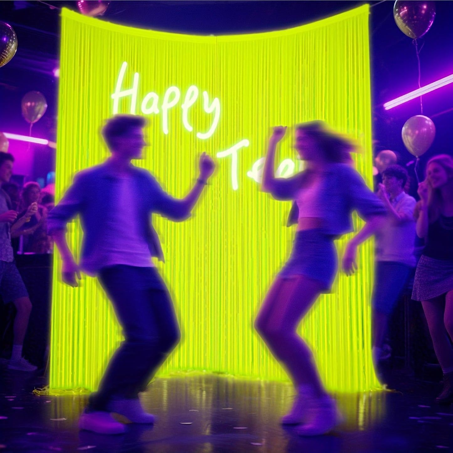 3pcs Glow in The Dark Party Supplies - UV Reactive Neon Macaron Yellow Tinsel Foil Fringe Streamers, 198.12x99.06 cm Plastic Photo Booth Backdrop Decor for Birthday, Graduation, Spring & Summer Parties, Party Decorations, Fes