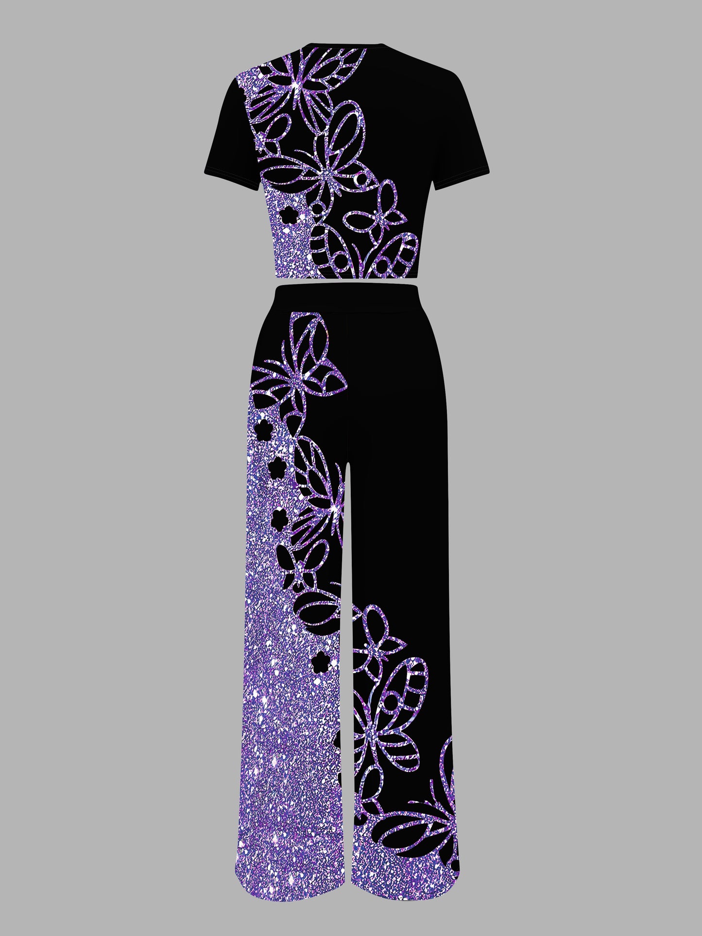 Elegant 3D Floral Print Crop Top & Glittery Purple Pants Set - Sexy, Stretchy Polyester, All-Season Wear, Perfect for Casual or Stylish Outfits, Seasonal Fashion | Floral Print Top | Glittery Legging