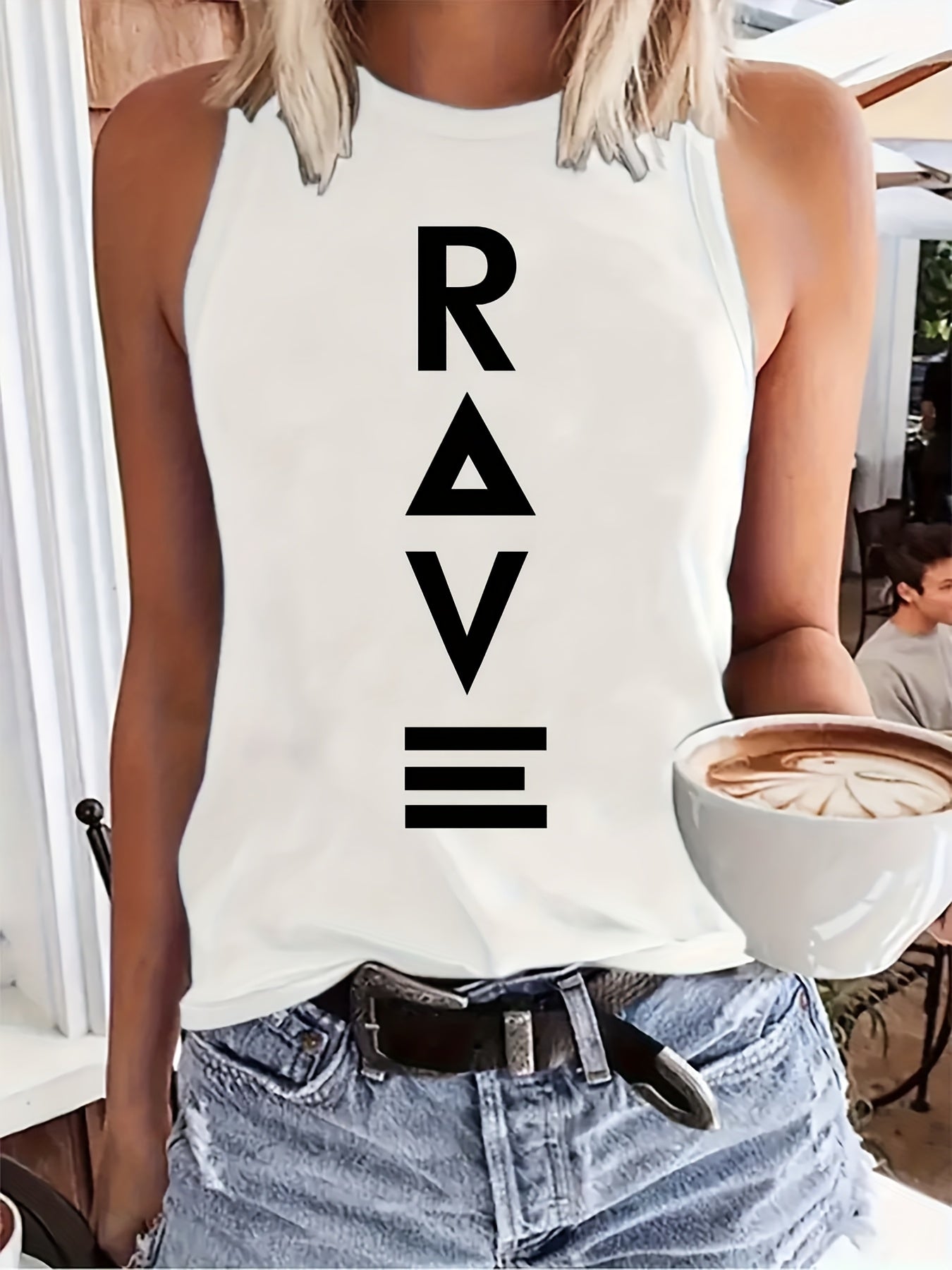 Women'S Casual RAVE Graphic Tank Top - Sleeveless, Round Neck, Light Brown with White Lettering, All-Season Fashion, Casual Attire|Bold Lettering Top|Durable Fabric