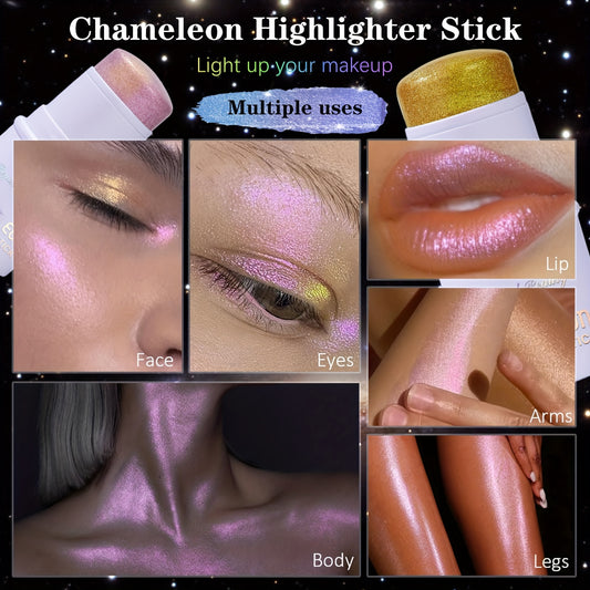 Light-Activated Chameleon Holographic Highlighter Stick - 1pc Waterproof Multi-Use Glitter for Face & Body - Long-Lasting Intense Pigment, Lightweight Concealer, Universal Shade for All Skin Tones, Subtle Shimmer Effect, Stic