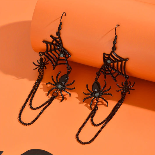 Vintage-Inspired Spider Web Dangle Earrings - Gothic Chic Drop Design with Rhinestones, Durable Zinc Alloy Construction, No Plating, Iron Ear Needle, Perfect for Halloween Festival Party Celebration, All Season Wear, and Ever