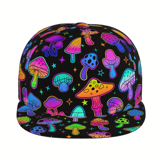 Vibrant Neon Mushroom Snapback Cap - Adjustable Flat Brim Hat, Hip-Hop Street Style, Colorful Design with Glowing Stars & Mushrooms, Perfect Gift for Men, Women, and Teens, Casual Headwear | Playful Design | Lightweight Hat,