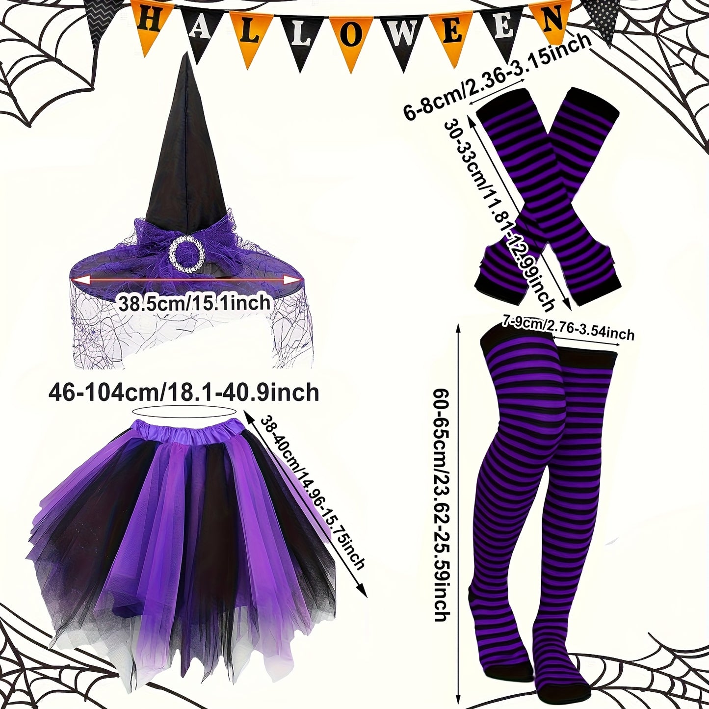 4pcs Halloween Witch Costume Set for Women Ladies Gothic Cosplay Witch Hat Striped Knee High High Over Knee Witch Stockings Arm Warmers Tutu Skirt Set for Women Halloween Witch Cosplay Party Favor Cosplay Costume Accessories