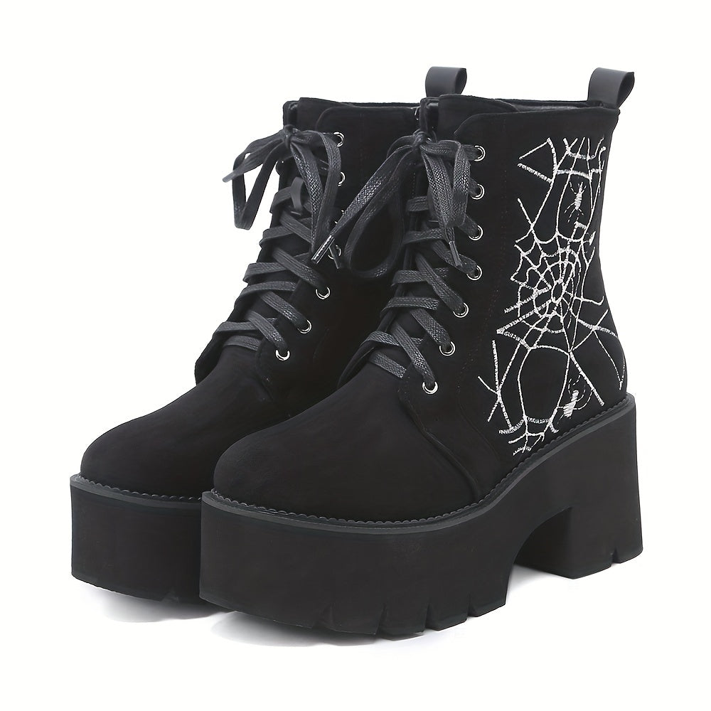 GDGYDH Women's Punk-Style Spiderweb Embroidered Ankle Boots with Chunky Heel, Lace-Up & Side Zipper - Comfortable All-Season Fashion Shoes