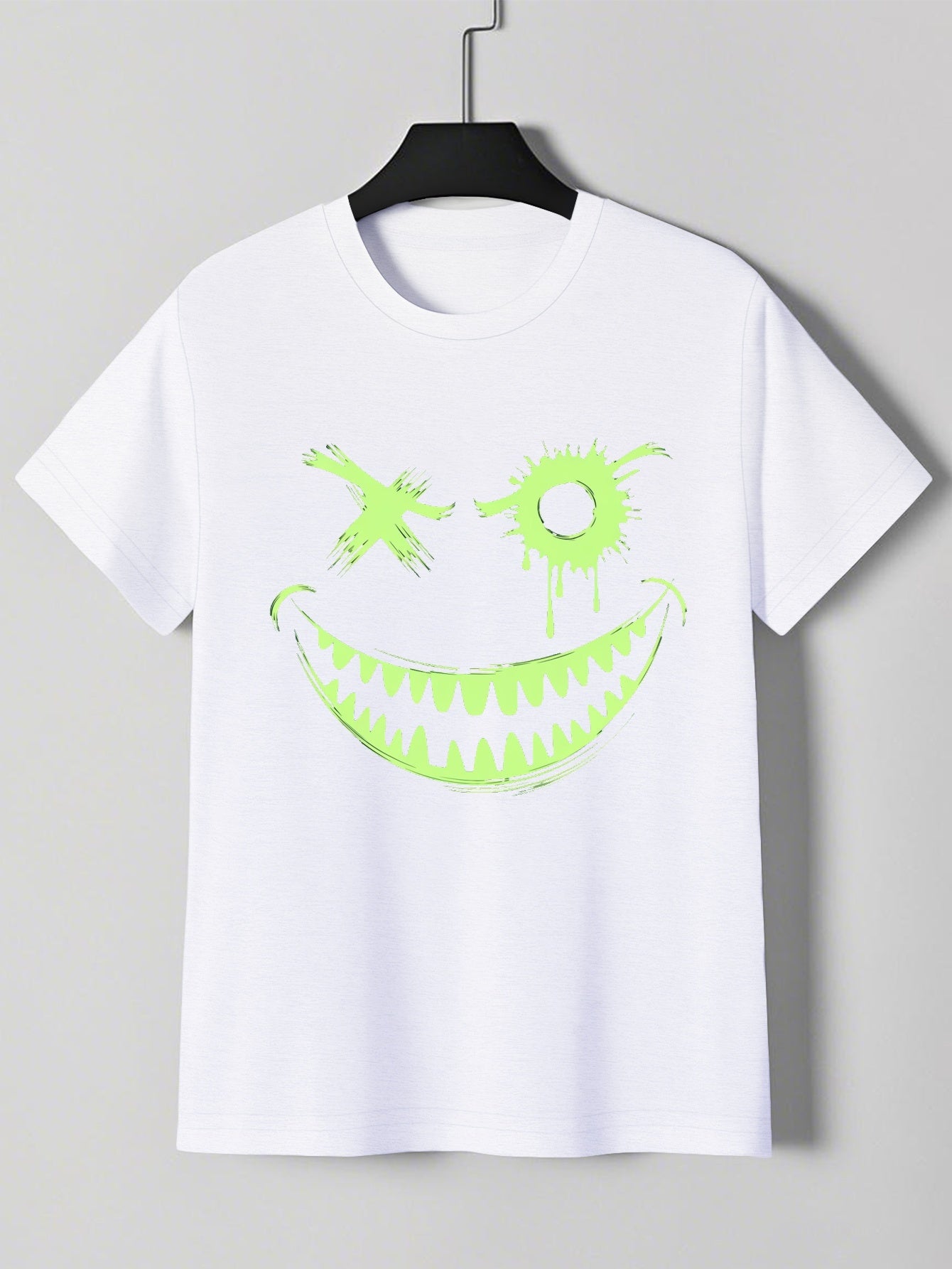 Men's Neon Green Glow-in-the-Dark Mischievous Grin Face Graphic T-Shirt - Lightweight Summer Tee for Parties, Casual Attire & Costume Events - Non-Transparent Casual Shirt for Adults, Playful Design, Machine Washable Fabric