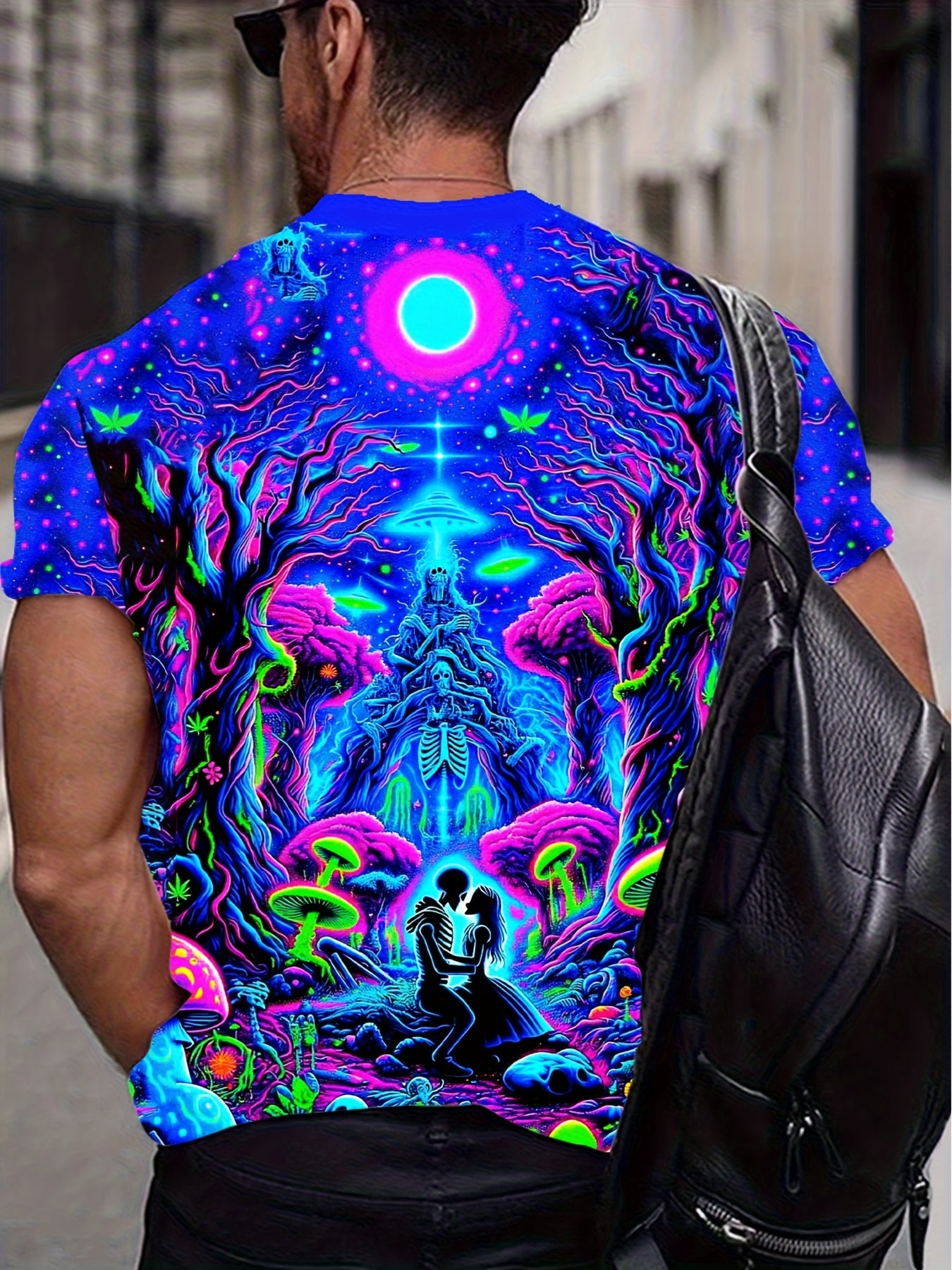 Men's 3D Printed Geometric Cosmic Scene Casual T-Shirt - Vibrant Neon Colors, Machine Washable Crew Neck Short Sleeve Top for Summer Outdoor Activities, Artistic Back Design