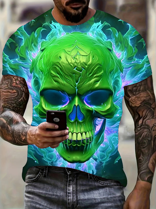 Men'S Plus Size 3D Skull & Flames Graphic T-Shirt - Bold Neon Green & Blue Casual Short Sleeve Tee with Digital Print, Round Neck Regular Fit Summer Top for Edgy Streetwear & Casual Attire, Skull T Shirt, Comfortable Fit, Str