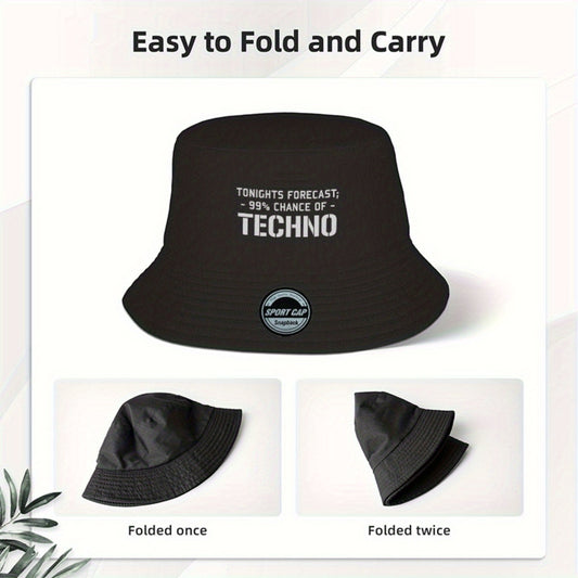 Men's Techno Music Bucket Hat - Tonight's Forecast Chance of Techno Print, Lightweight Breathable Sun Hat for raves, clubs, beach - Machine Washable Polyester Cap (Black/5 Colors Available) - Dad Hat Trucker Hat for Techno En