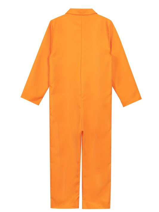 Men's Prison inmate Costume - Bright Orange Jail jumpsuit Onesie with Front Zipper, Halloween, Easter, Cosplay Party Outfit - Non-Stretch Fabric for Themed Events & Prison Roleplay - Easy to Clean, Simple Design, Comfortable