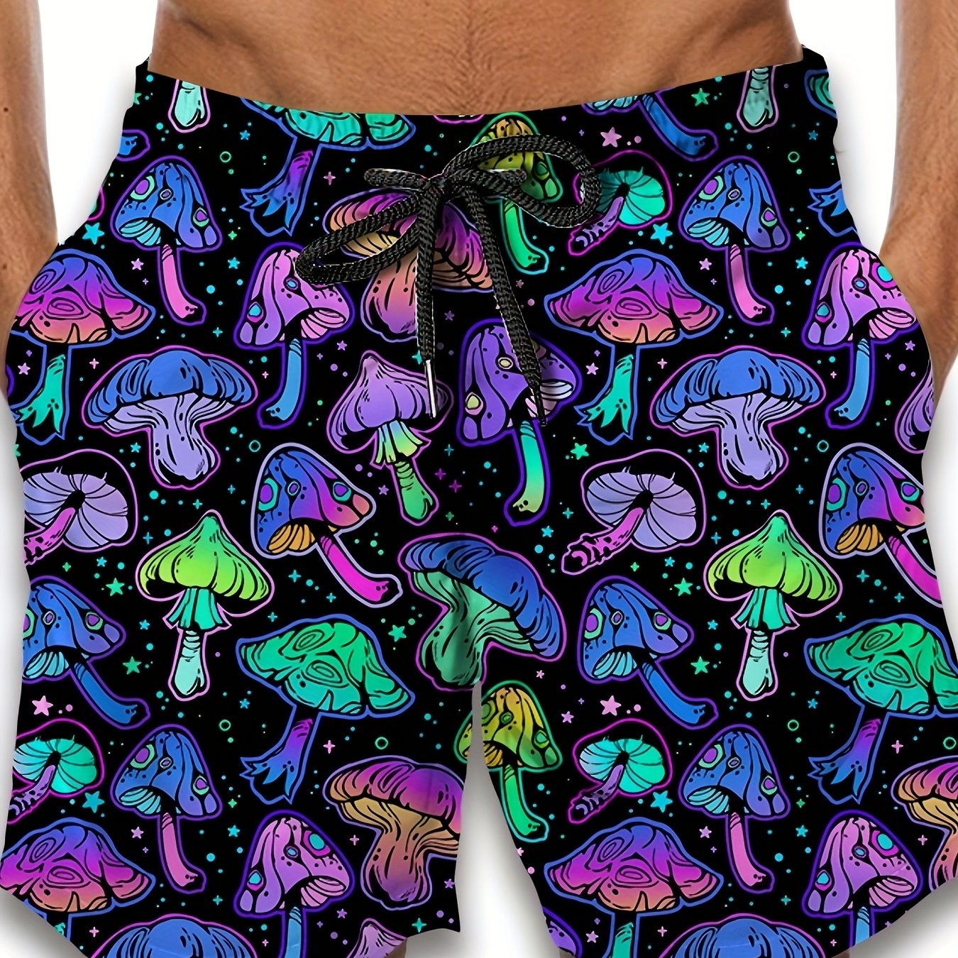 Men's Retro Neon Mushroom 3D Print Casual Athletic Shorts - Vibrant Psychedelic Design, Drawstring Waist, Comfortable for Basketball & Streetwear