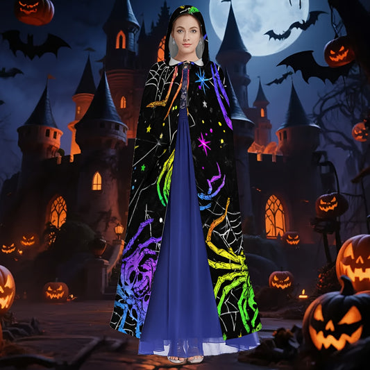 1pc Neon Glow-in-the-Dark Spider Print Witch's Robe - Norse Mythology Costume with Neon Web Design, Unisex Adult Hooded Cloak for Halloween Cosplay, Themed Parties & Costume Events (Hand Wash Only) - Multicolor Neon Colors (G