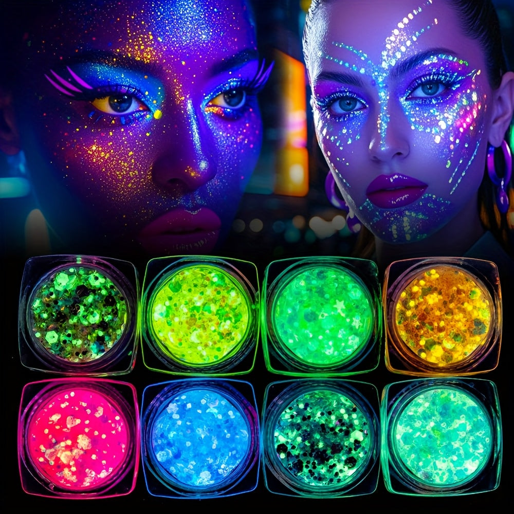 8 Colors Glow-in-the-Dark UV Gel Glitter - Quick Dry, Self-Adhesive Neon Face & Body Paint for St. Patrick's Day, Mardi Gras, Halloween, Raves & Festivals, Vibrant Blacklight Party Makeup Accessories, Festive Face Paint | Glo
