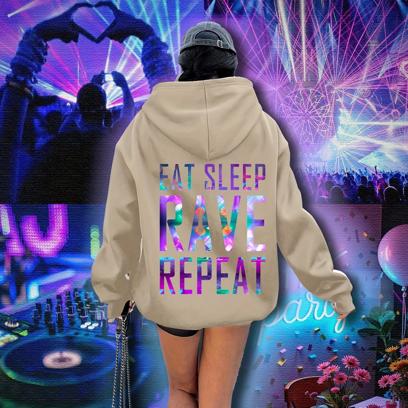 Plus Size, Women's Plus Size "EAT SLEEP RAVE REPEAT" Graphic Hoodie - Music Festival Print with Colorful Lights & DJ Design, Cozy Drawstring Hooded Sweatshirt for Winter & Autumn, Machine Washable Casual Pullover