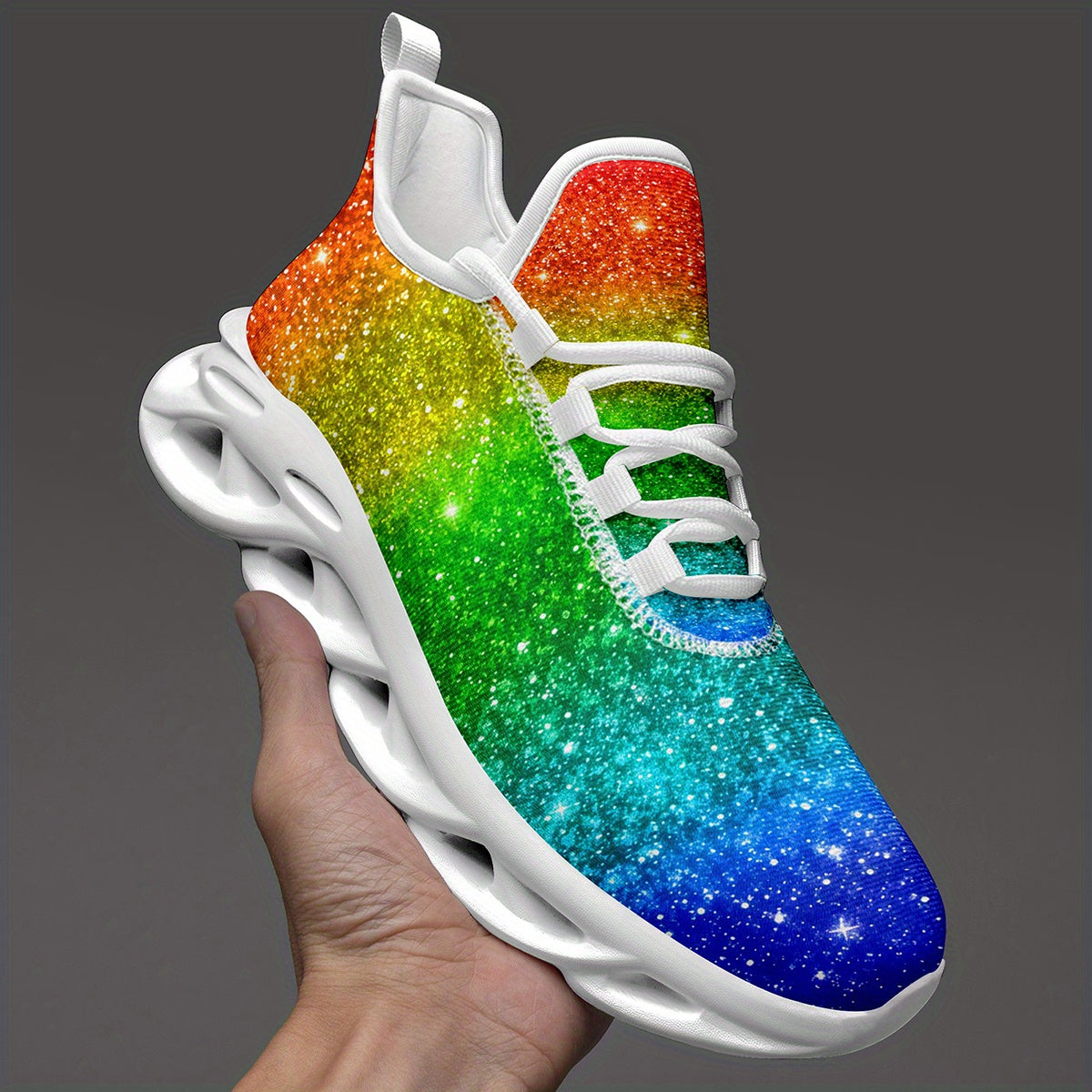 Men's Rainbow Glitter Gradient Sneakers - Lightweight Breathable Mesh Streetwear Shoes with Cushioned EVA Sole, Lace-Up Trainers for Running, Parties, Everyday - Plus Size Available (Green/Blue/Purple/Red/Pink/Teal/Orange/Pur