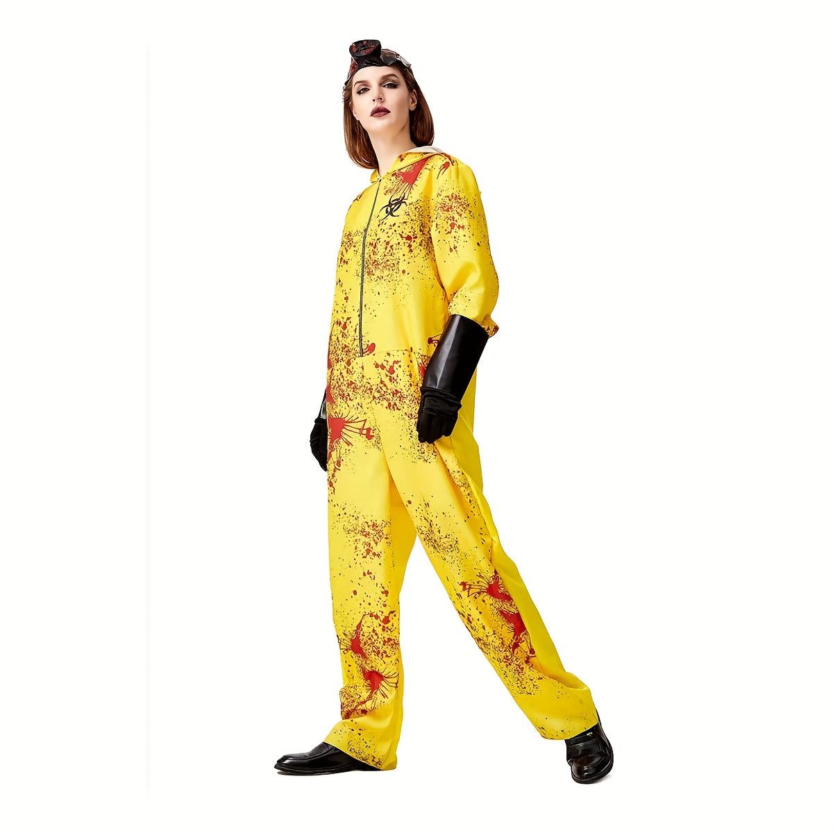 1 Set Full Zombie Costume with Gas Mask & Splatter Effects - Neon Yellow & Red Blood-Splattered Outfit, Hazmat Suit Design with Black Gloves - Easy-to-Wear Outfit for Halloween Costumes, Themed Parties & Horror Events (No Mas