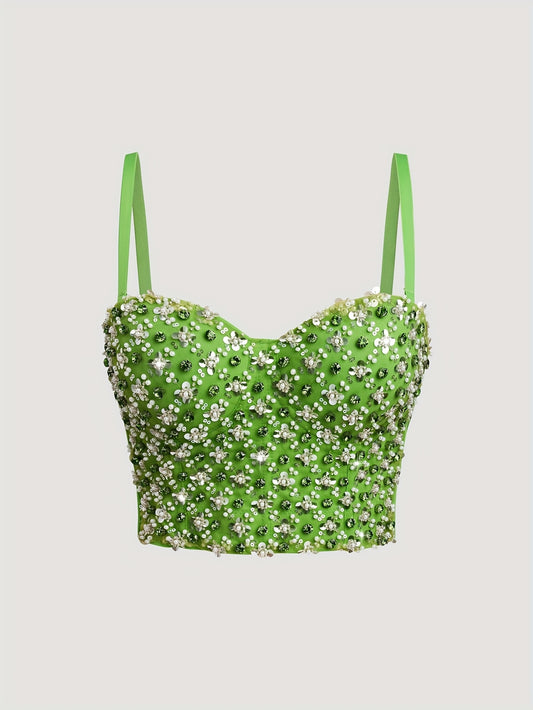 Women'S Beaded & Rhinestone-Embellished Corset Top - Sexy Green Cropped Tube Top with Adjustable Straps, Perfect for Stage Performances & Trendy Outfits, Stage Performance Apparel | Rhinestone Embellished Top | Beaded Corset