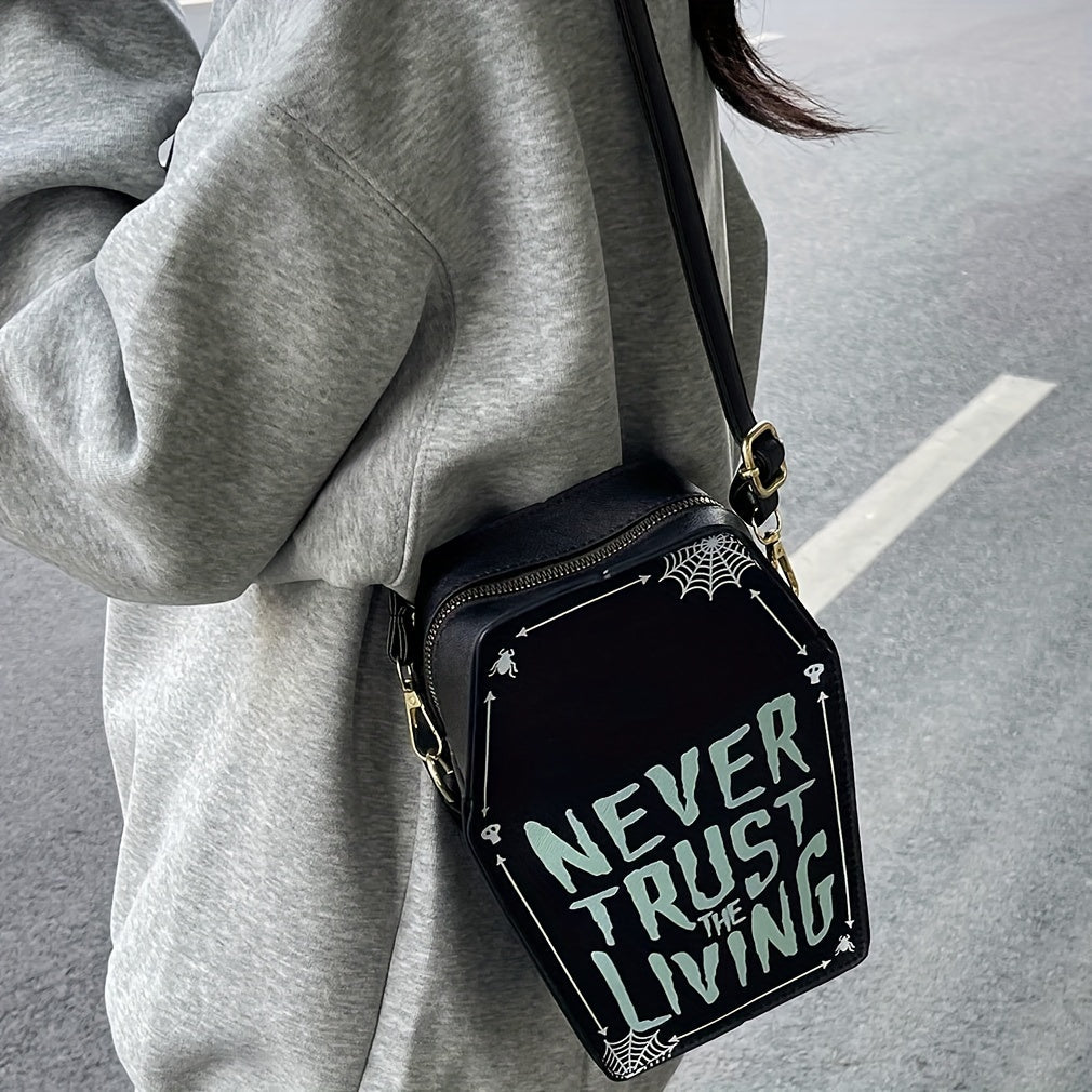1pc Halloween Coffin-Shaped Fashion Shoulder Bag for Women, Sexy Gothic Faux Leather Crossbody Purse with "Never Trust The Living" Print, Zip Closure, Polyester Lining, and Edge Detailing