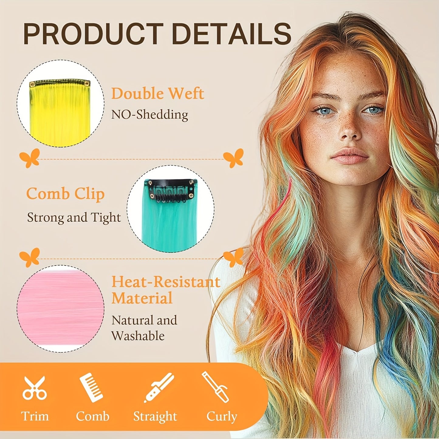 21-Inch Rainbow Clip-in Hair Extensions, 13pcs Set - Women's Colorful Sequin Hair Pieces, Heat Resistant Fiber, High Temperature Fiber Extension Party Highlights Wig for Cosplay Parties Y2K Style Music Festival