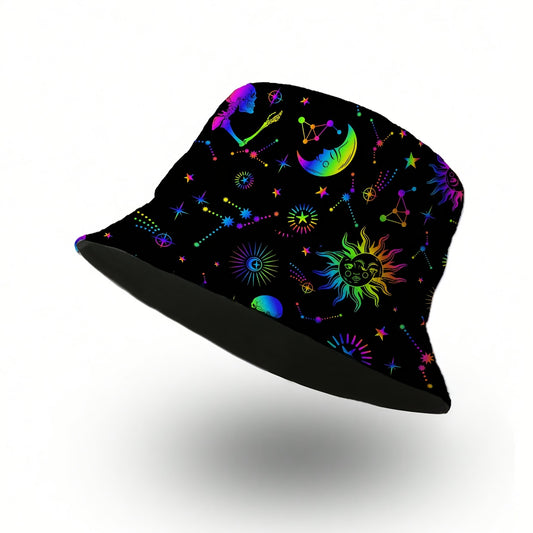 Single Pack Funky Style Unisex Bucket Hat, Polyester 100% Non-Stretch Woven Fabric, with Galaxy Print, Hand Washable
