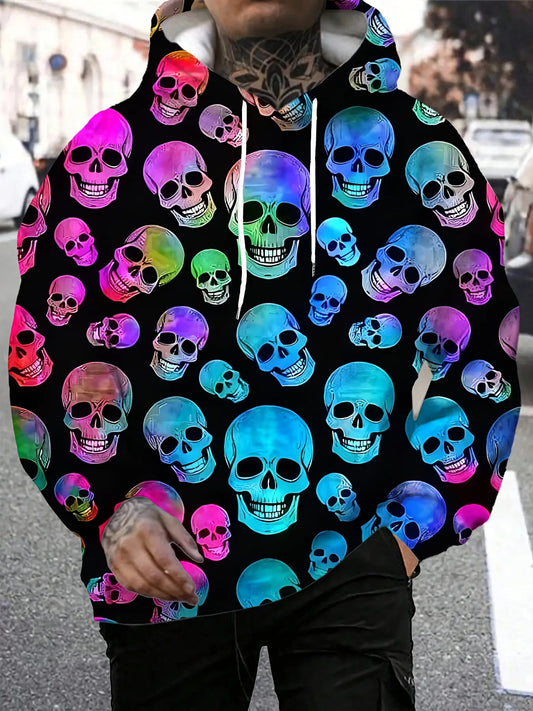 Men's 3D Skull Print Hooded Sweatshirt - Neon Glow Gothic Punk Style with Multicolor Gradient, Regular Fit Long Sleeve Pullover, Drawstring Hood & Pocket, Machine Washable Knit Fabric for Gym, Outdoor, Casual Wear (Skull Patt