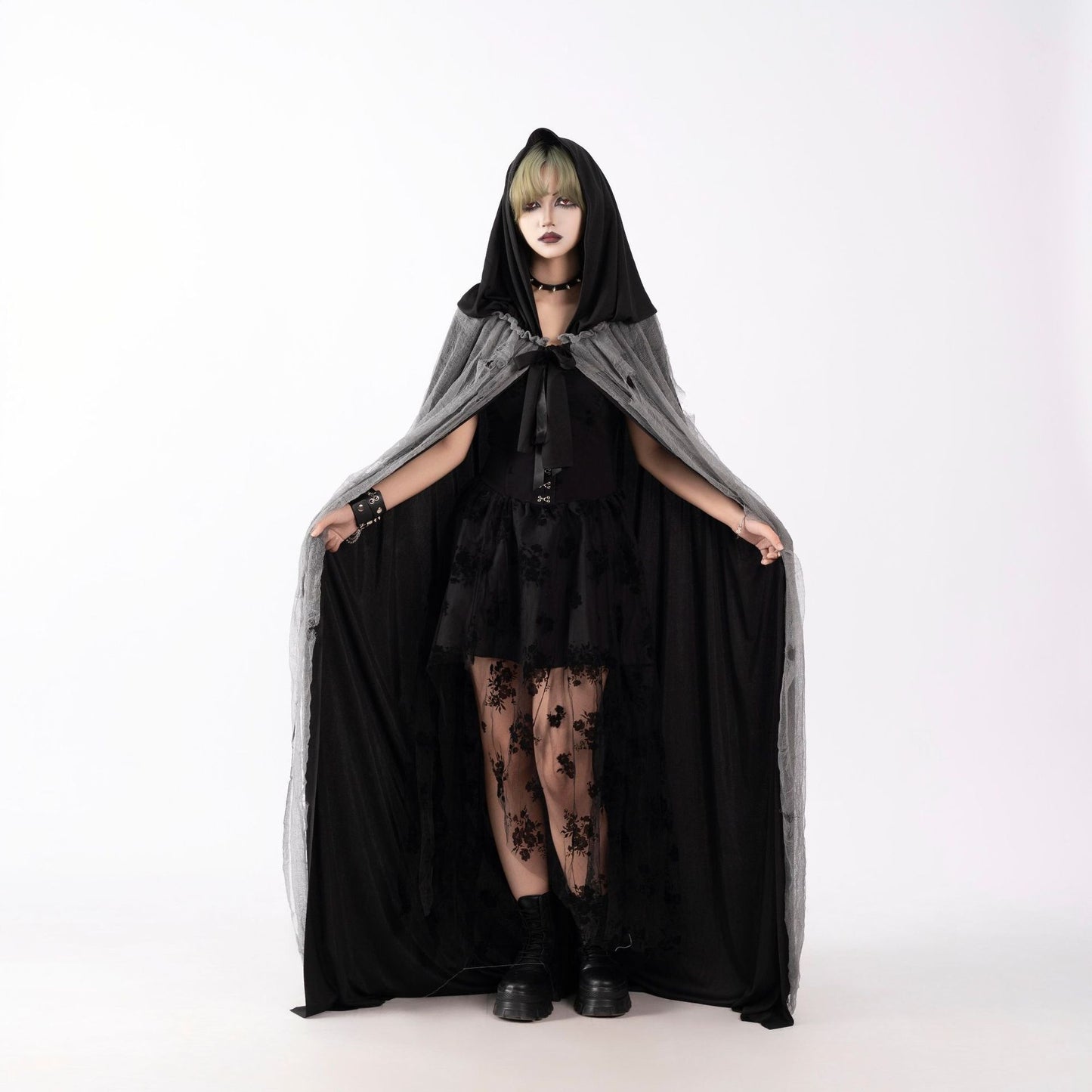 Halloween Witch Cloak Skull Clothes Mask Script Kill Ghosthouse Chamber Dress up Zombie Costume, Black Hooded Skull Mask with Glowing Eyes, Long Flowing Cape & Chains