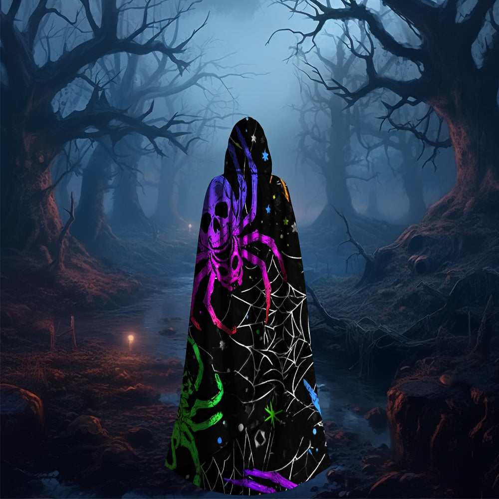 1pc Neon Glow-in-the-Dark Spider Print Witch's Robe - Norse Mythology Costume with Neon Web Design, Unisex Adult Hooded Cloak for Halloween Cosplay, Themed Parties & Costume Events (Hand Wash Only) - Multicolor Neon Colors (G