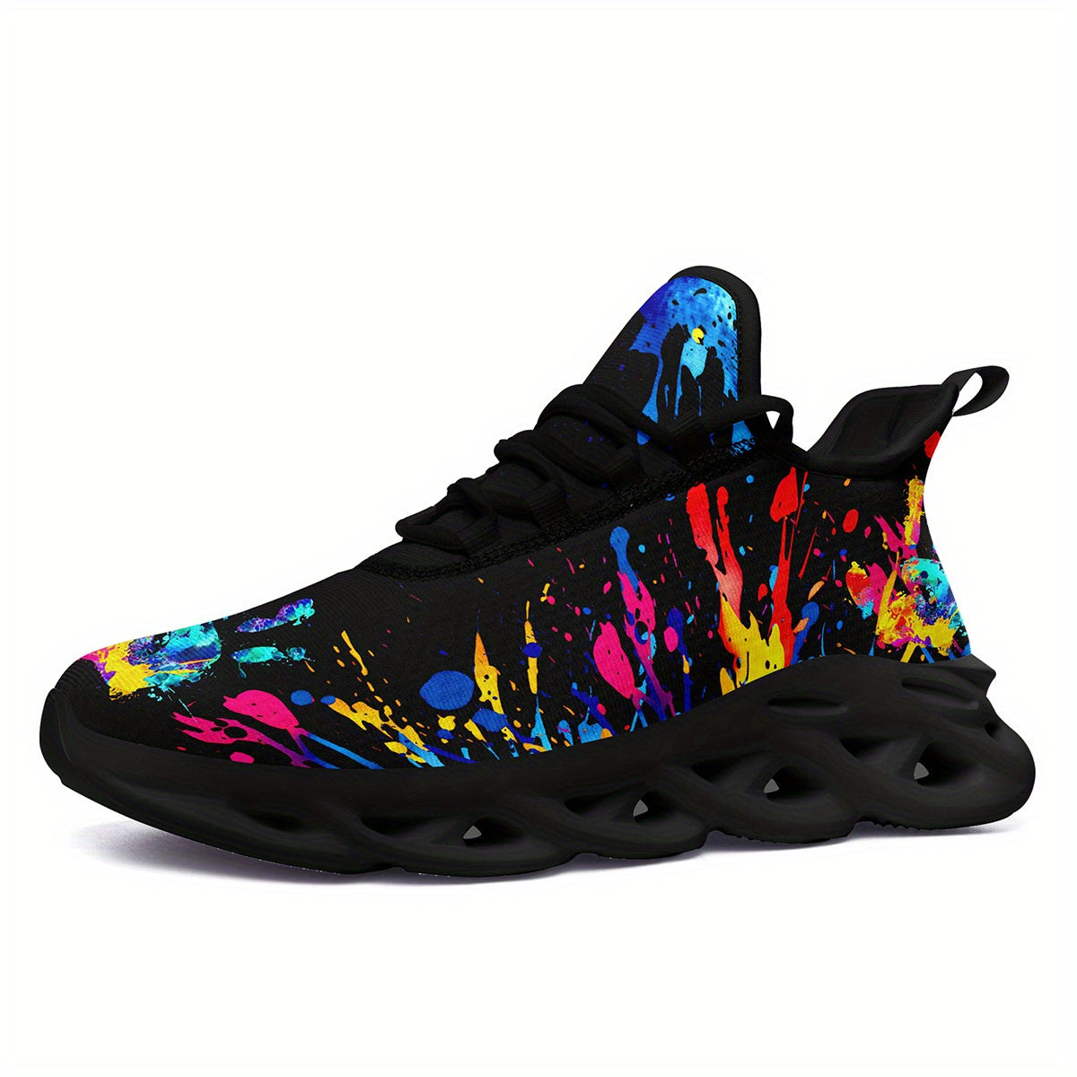 Men'S Fashion Casual Sneakers with Colorful Splatter Design - Ultra-Light Twist Sole, Comfortable Trainers for Running, Travel & Streetwear | Trendy Low-Top Lace-Up Shoes in Black with Vibrant Splash Pattern, All-Season Wear,