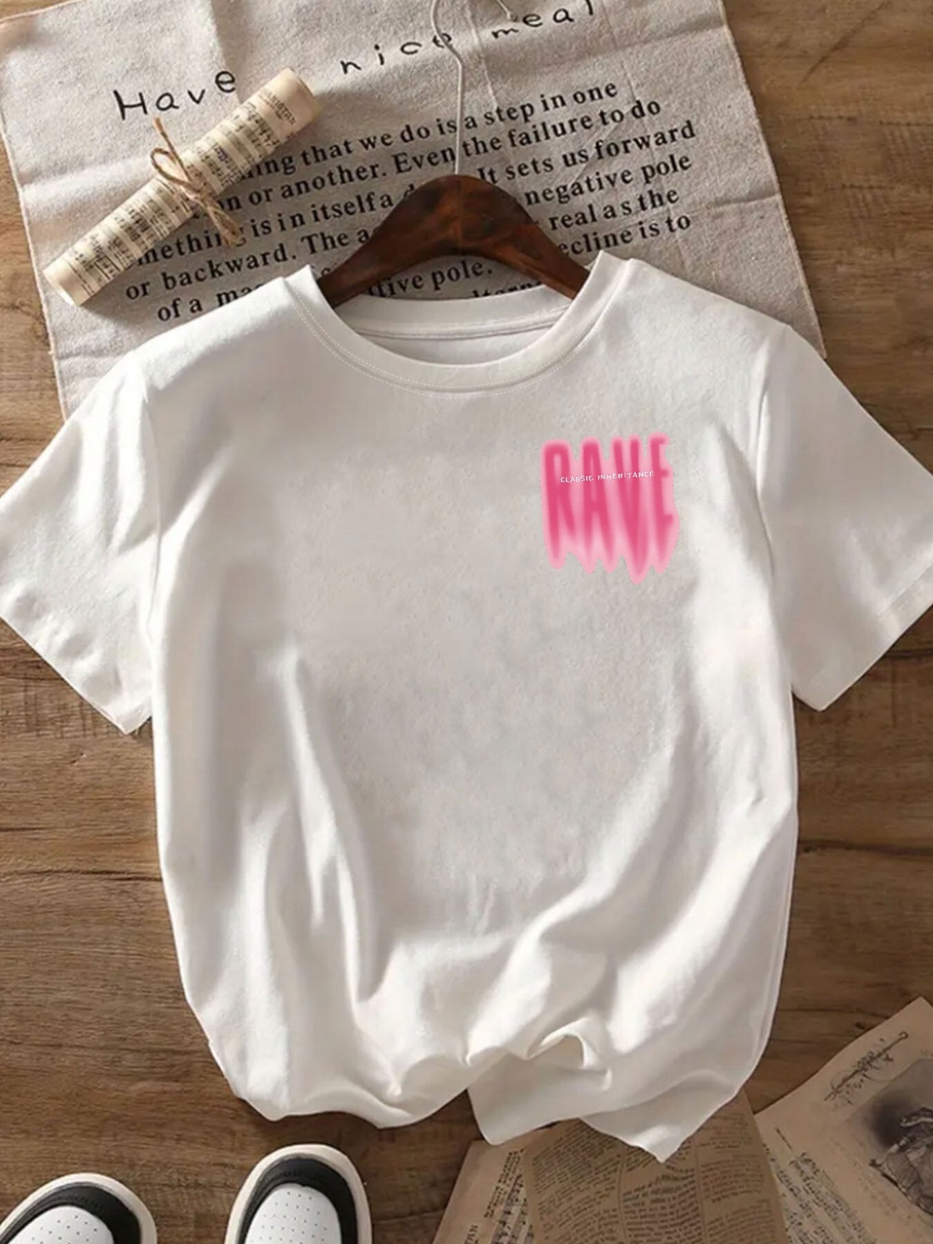 CLASSIC INHERITANCE Women's Casual Short Sleeve T-Shirt with Front & Back RAVE Slogan Print, White with Pink Lettering, Relaxed Fit Round Neck, Machine Washable All-Season Comfort, Summer Clothing, Modern Aesthetic, Smooth Te