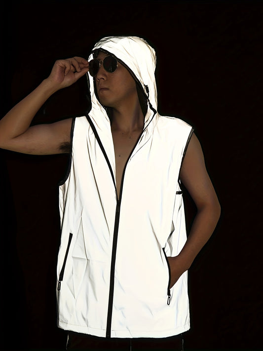 Men's Glow-in-the-Dark Hooded Vest - Casual Sleeveless Outdoor Running Gear, Polyester, Zip-Up, All-Season Wear
