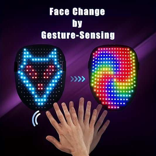 LED Light-Up Gesture-Sensing Mask for Halloween, Cosplay & Parties - USB Rechargeable, Multi-Color Changing Design, Perfect for Costume Parties & Festive Events, Halloween Costume, Party Accessory, Futuristic Accessory, Durab
