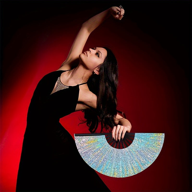 Large Glitter Rave Folding Clack Hand Fan with Holster - Vibrant Mosaic Pattern, Durable Bamboo for Festivals, Halloween, EDM Parties, Burlesque & Drag Queen Performances - Unisex Accessory, Halloween Accessory | Contemporary