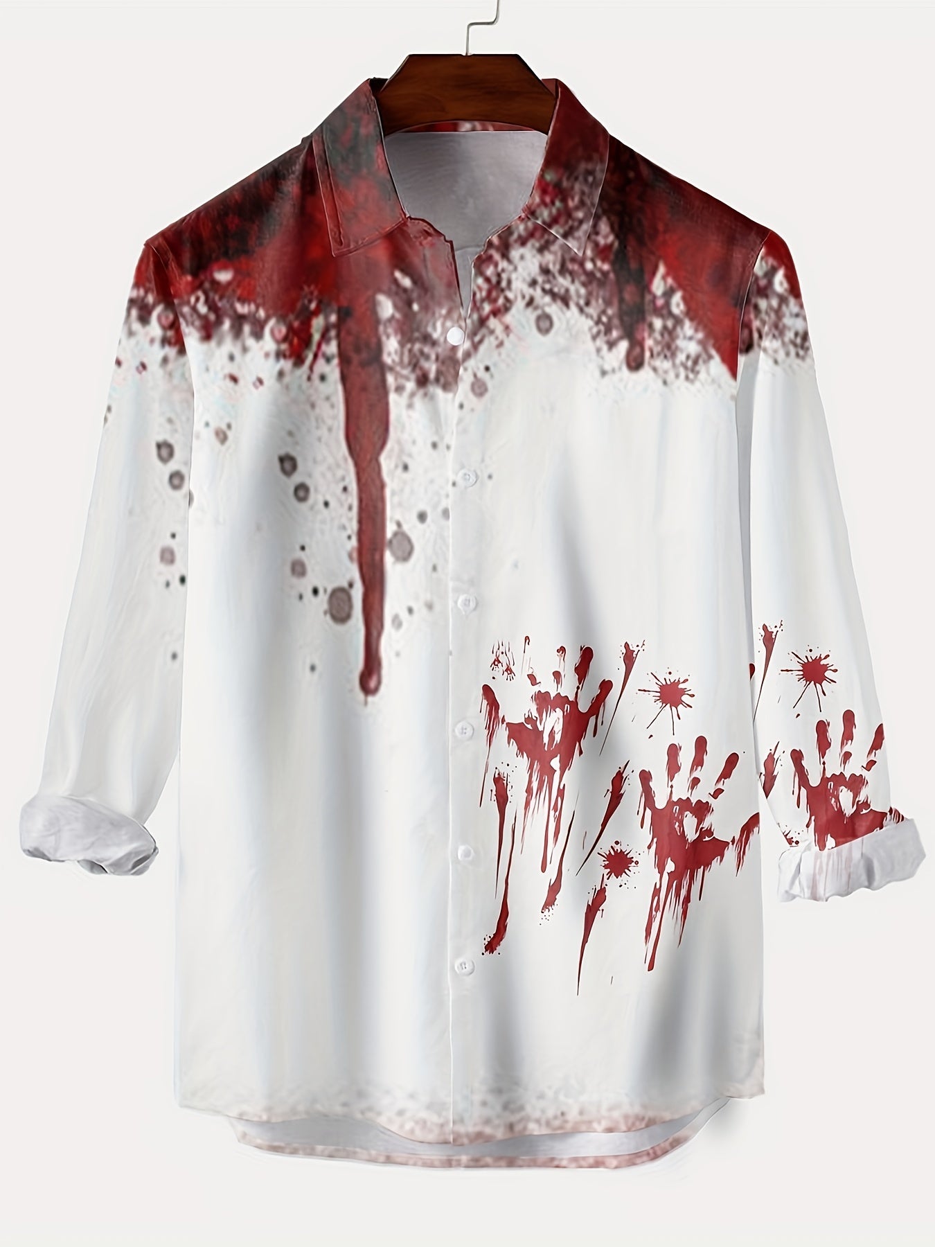 Scary Blood & Handprint Pattern Men's Long Sleeve Lapel Shirt, Men's Halloween Style Clothing For Spring Fall