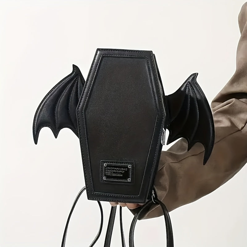Black Punk Style Bat Wing Backpack - Adjustable Straps, Zipper Closure,, Gothic Coffin Design for Halloween, Parties & Casual Use