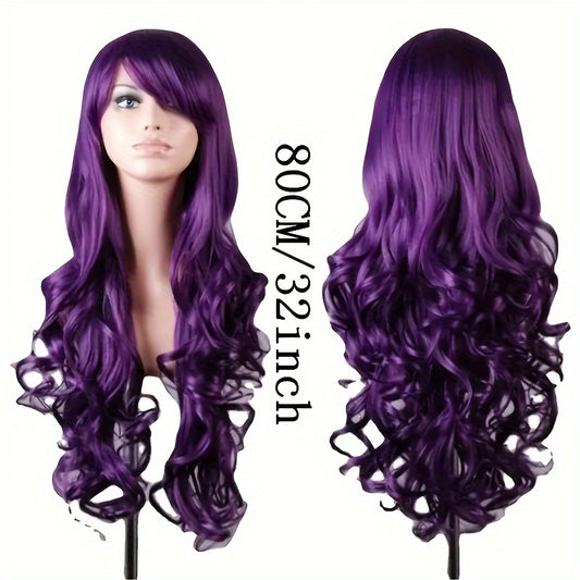 Luxurious Purple Long Wavy Halloween Wig for Women - Heat Resistant Synthetic Hair with Bangs, Adjustable Cap, Perfect for All Ethnicities