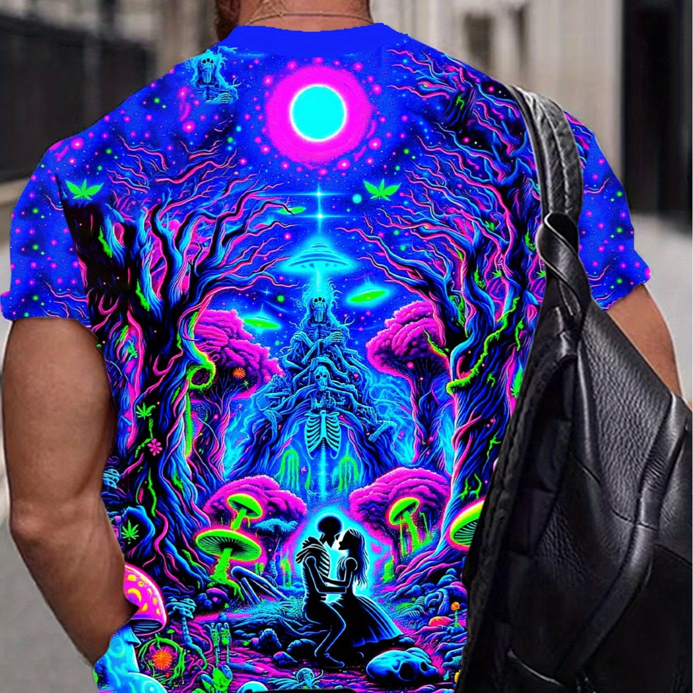 Men's 3D Printed Geometric Cosmic Scene Casual T-Shirt - Vibrant Neon Colors, Machine Washable Crew Neck Short Sleeve Top for Summer Outdoor Activities, Artistic Back Design