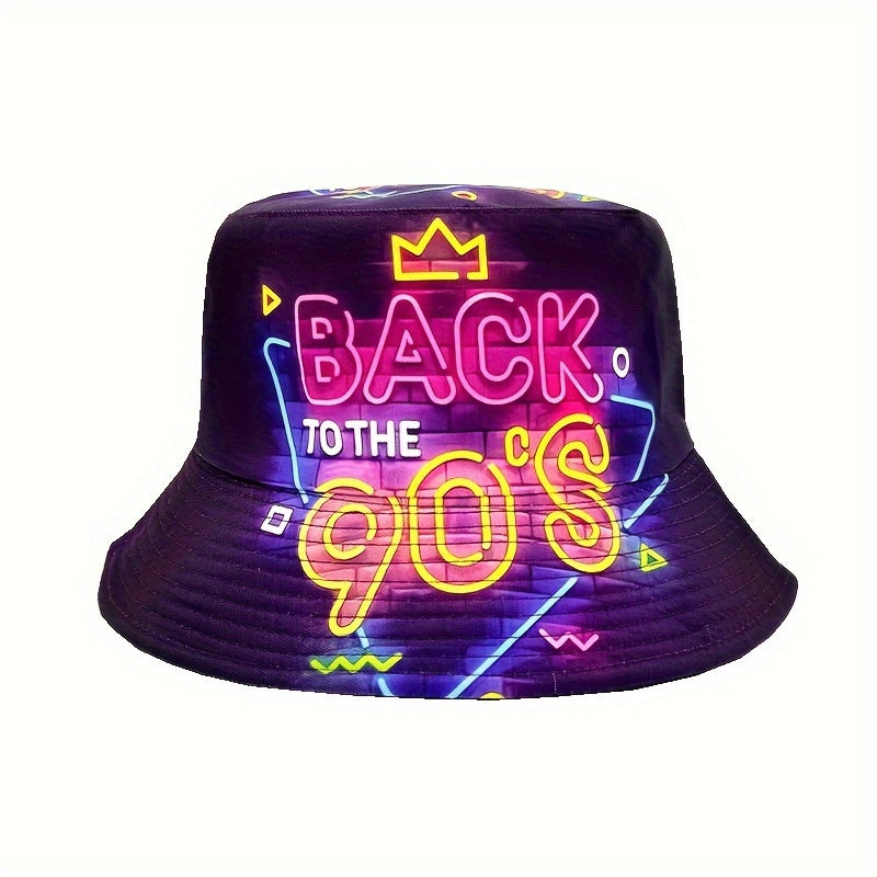 Back to the 80s 90s" Neon Cityscape Bucket Hat - Double-Sided Print, Lightweight & Stylish Fisherman'S Cap, Perfect for Parties & Beach Outings, Machine Washable, Vibrant Purple with Pink & Blue Neon Signs, City Car Design, I