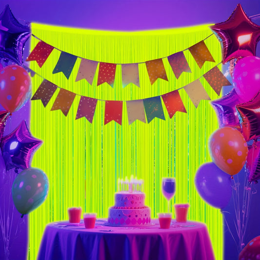 3pcs Glow in The Dark Party Supplies - UV Reactive Neon Macaron Yellow Tinsel Foil Fringe Streamers, 198.12x99.06 cm Plastic Photo Booth Backdrop Decor for Birthday, Graduation, Spring & Summer Parties, Party Decorations, Fes
