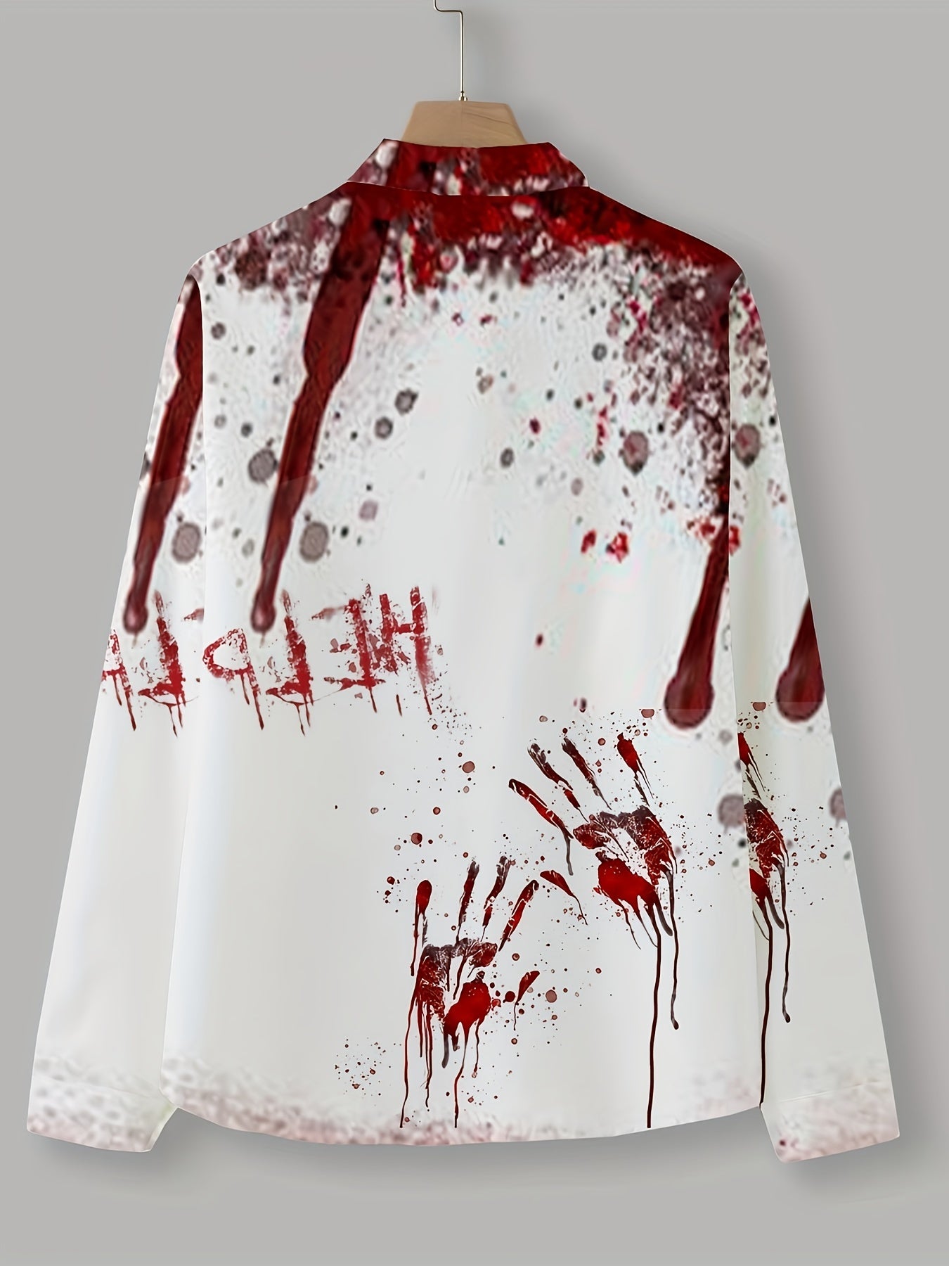 Scary Blood & Handprint Pattern Men's Long Sleeve Lapel Shirt, Men's Halloween Style Clothing For Spring Fall