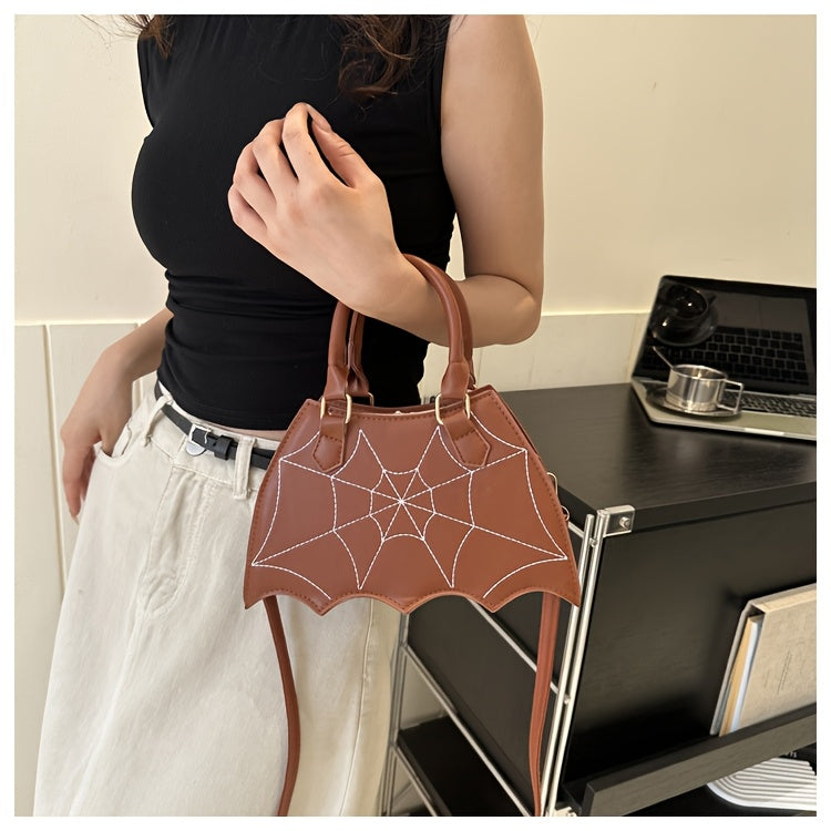 Halloween Women'S Bat Wing Spider Web Handbag - Lightweight Synthetic Faux Leather Tote with Geometric Spider Web Design, Zipper Closure & Detachable Strap, Gothic Style for Daily Use or Party Outfits, Durable Polyester Linin