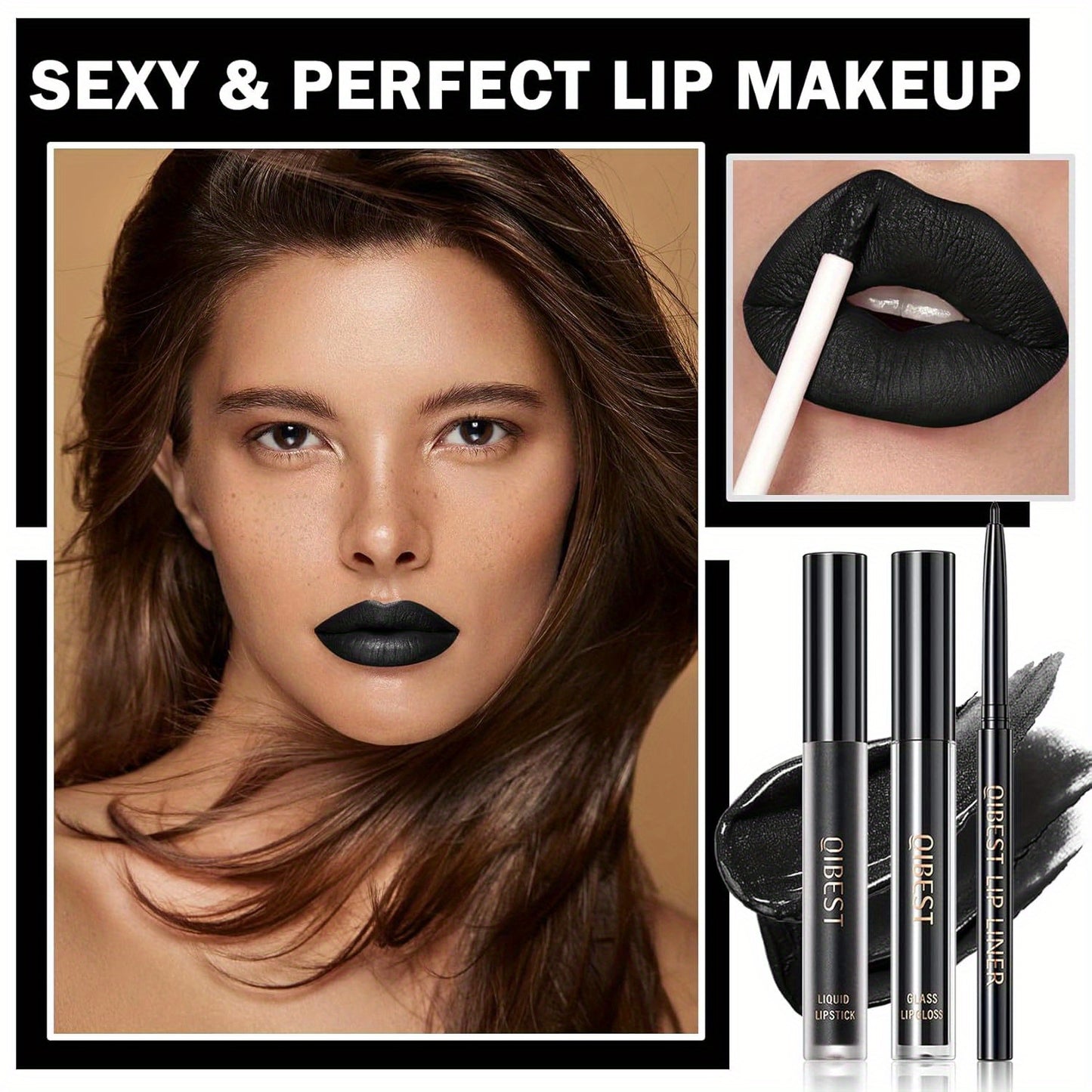 3pcs Black Lip Liner And Lipstick Set Liquid Matte Lipstick Velvet Charming Long-Lasting Waterproof Lip Gloss Makeup Kit for Halloween Goth Face Body Paint Cosplay Party Accessories Dress Up