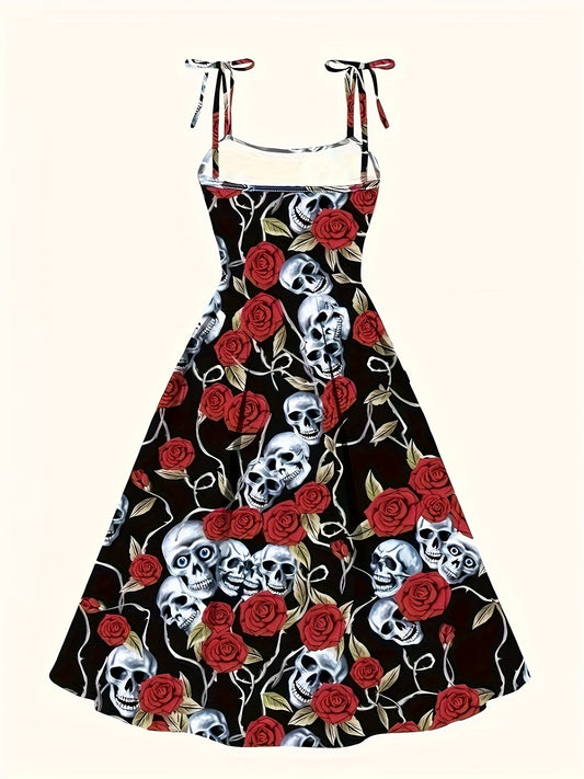 Chic Halloween Skull Print Cami Dress - Polyester, Machine Washable, Tie-Detail A-Line Party Dress for Women