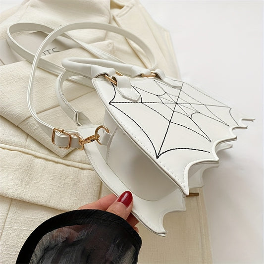 Halloween Women'S Bat Wing Spider Web Handbag - Lightweight Synthetic Faux Leather Tote with Geometric Spider Web Design, Zipper Closure & Detachable Strap, Gothic Style for Daily Use or Party Outfits, Durable Polyester Linin