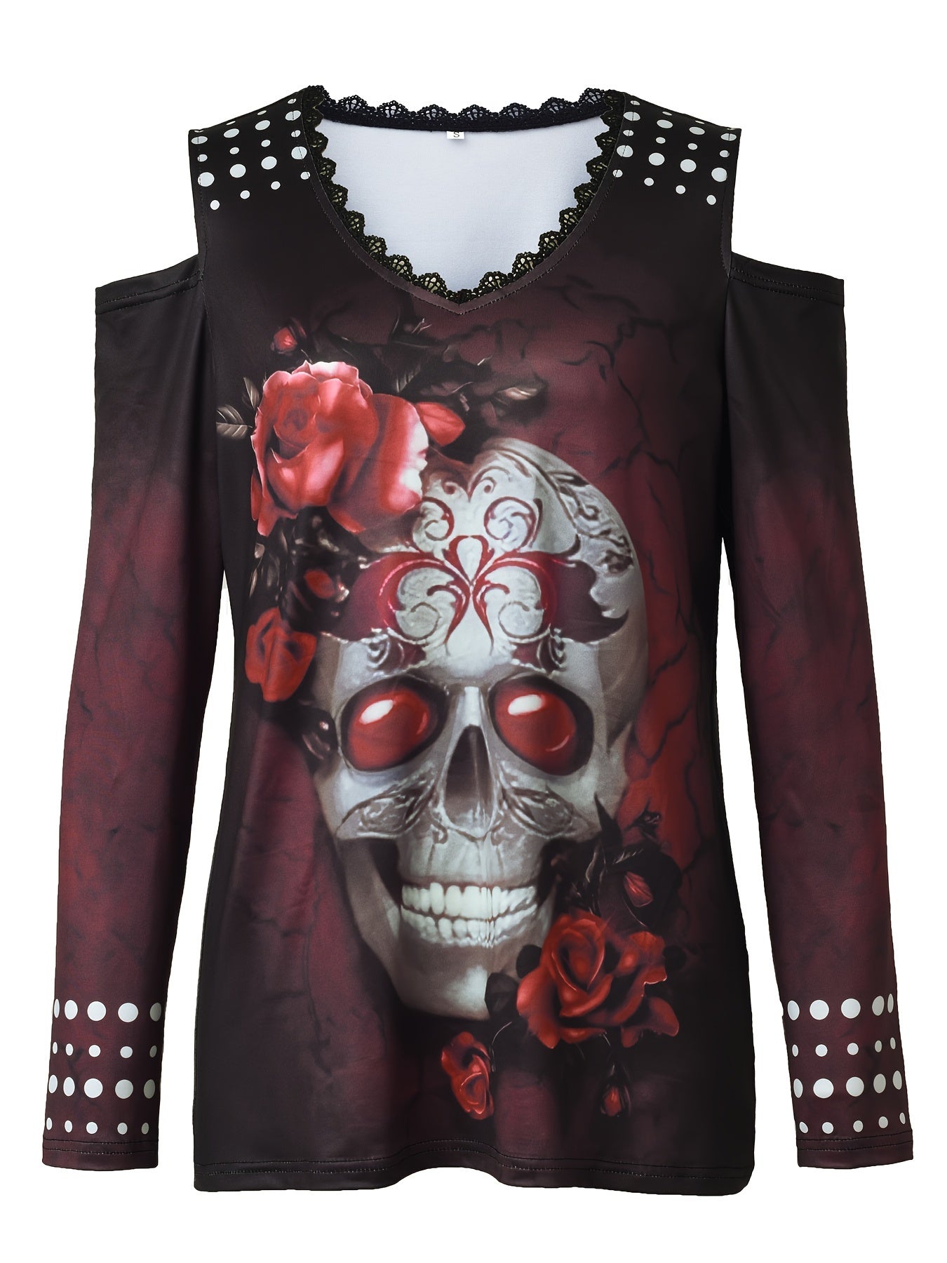 Vintage Skull Print Cold Shoulder T-Shirt - Trendy Long Sleeve Design with Cozy Fit, Distressed Retro Look, and Bold Graphic Print - Perfect for Spring & Fall, Womens Fashion Clothing