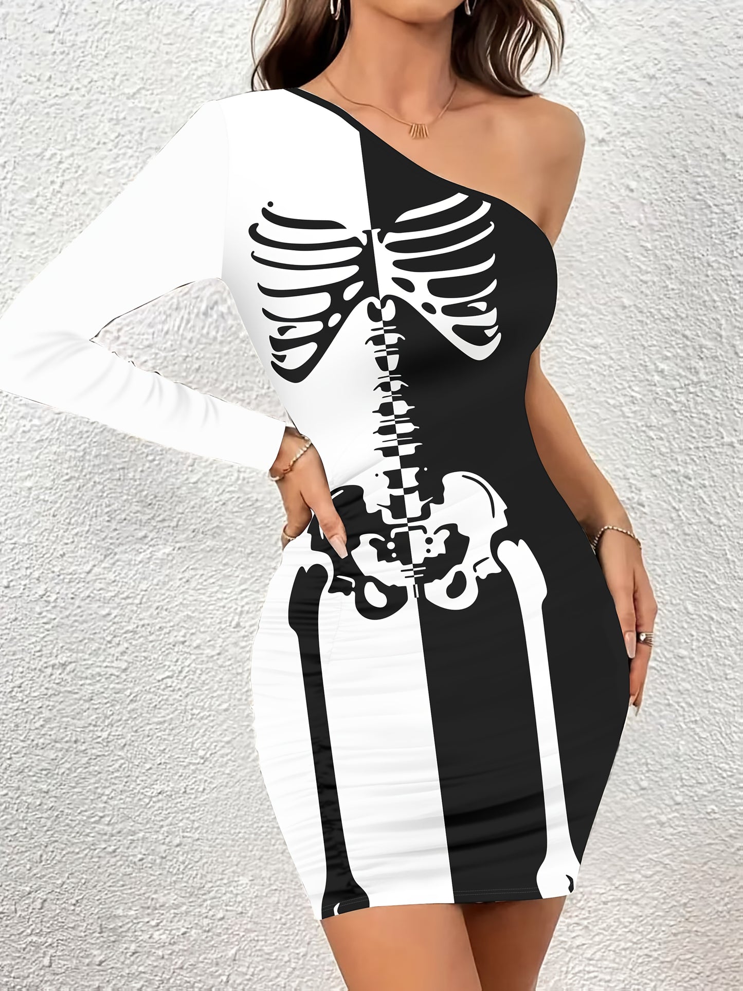 Women'S Elegant One-Shoulder party & Formal Dress - Black and White Skeleton, Bodycon Fit, All-Season Evening gown for Women, Halloween Party Outfit Everyday Chic Attire, Halloween Dress, Evening Wear, Skeleton Print, Stylish