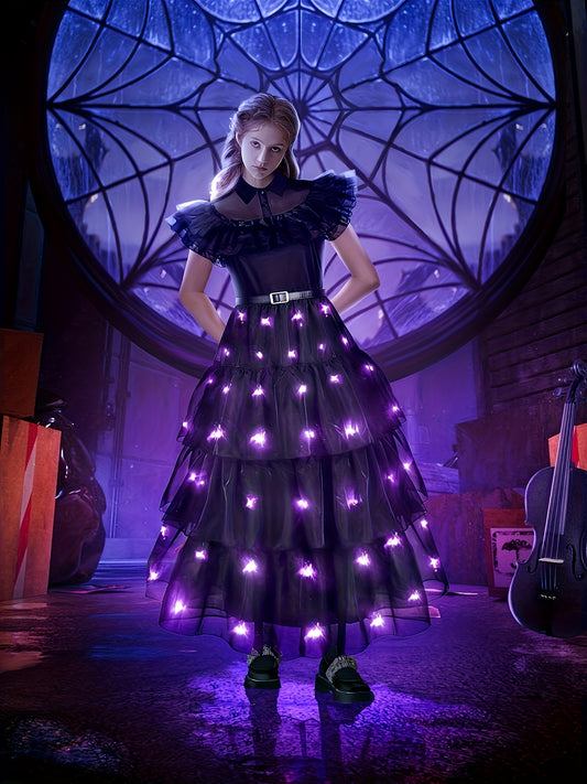 UPORPOR Gothic Mesh LED Dress - Black Tiered Gothic Party Dress with Purple LED Lights, Short Sleeve, Crew Neck, Non-Stretch Fabric, Halloween (Battery Not Included), Halloween | Layered Fashion | Mesh Fabric