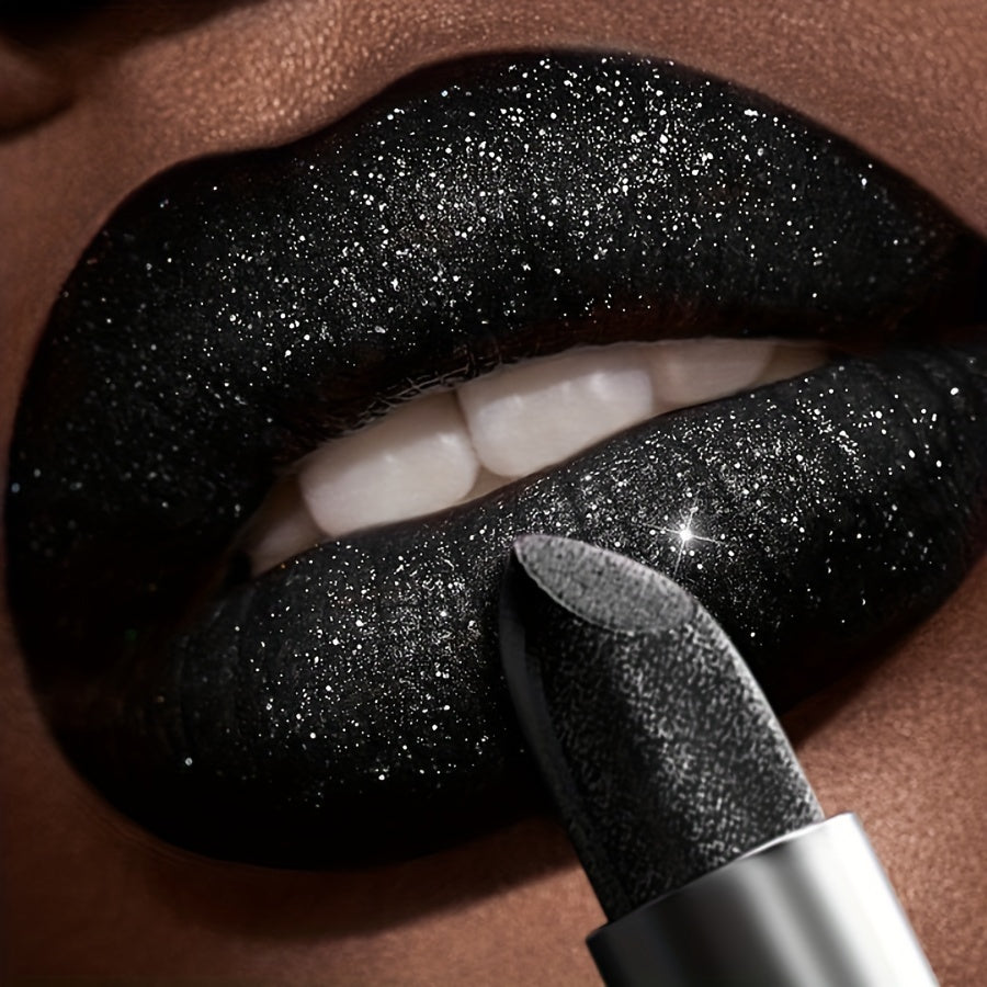 Black Sparkle Long-Lasting Lipstick - Shiny Pearlescent Finish, Moisturizing Paste Form, Universal Skin Compatibility, Lightweight ≤300g Perfect for Halloween & Christmas Gifts