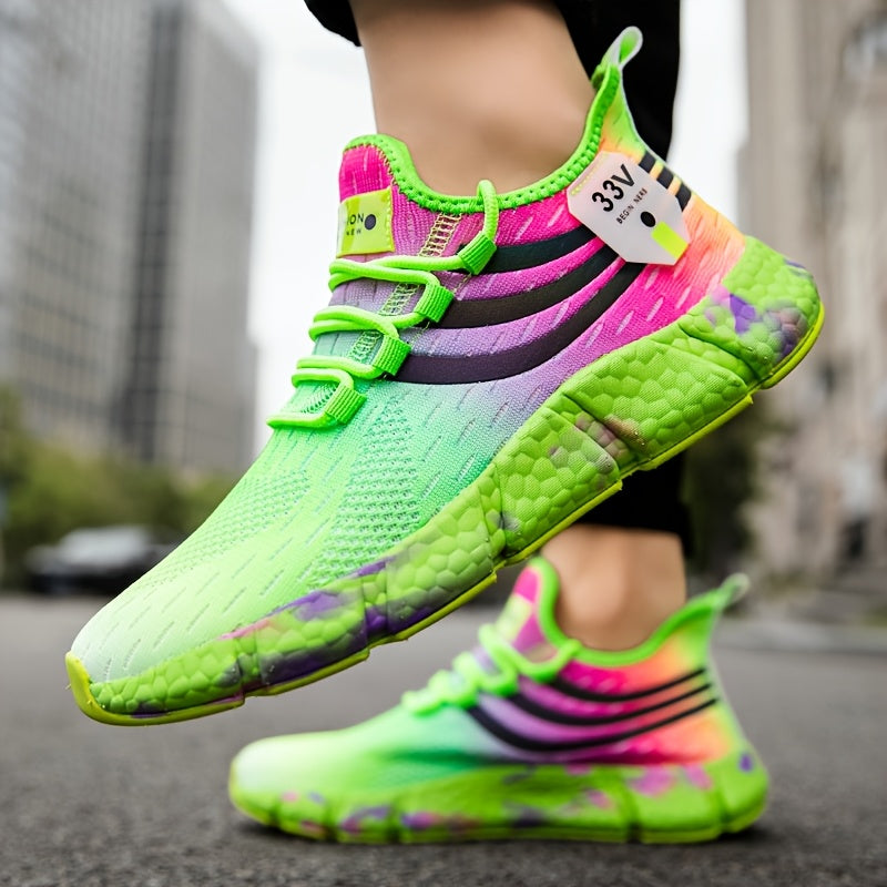 Men'S Casual Athletic Sneakers - Vibrant Pink & Green Colorblock Design, Breathable Fabric Upper, Lightweight EVA Sole, Lace-Up Low Tops for Casual Attire, Sports Shoes | Lowtop Sneakers | Comfortable Fi