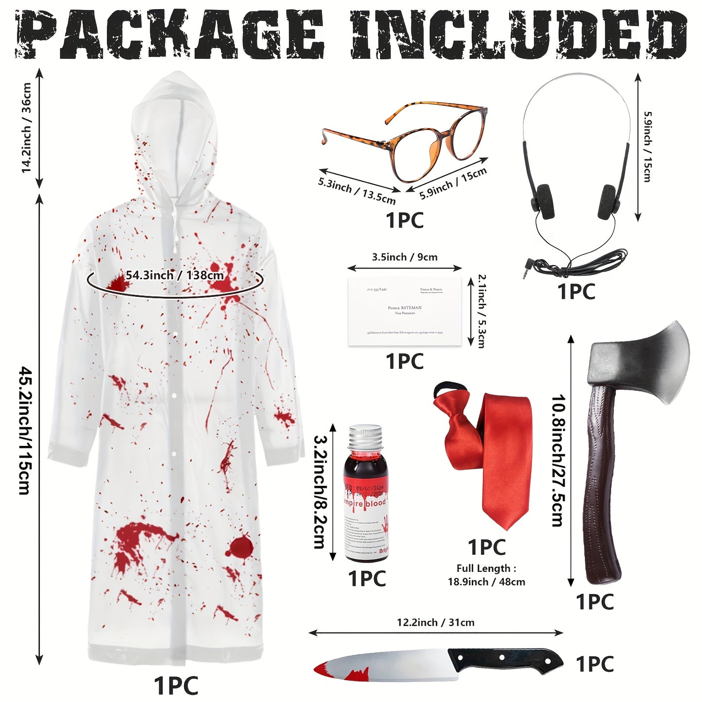 7pcs Halloween Zombie Costume Set, Raincoat with No Print, Requires DIY, Includes Halloween Props Knife, Red Tie, Suitable for Cosplay Role Play Party