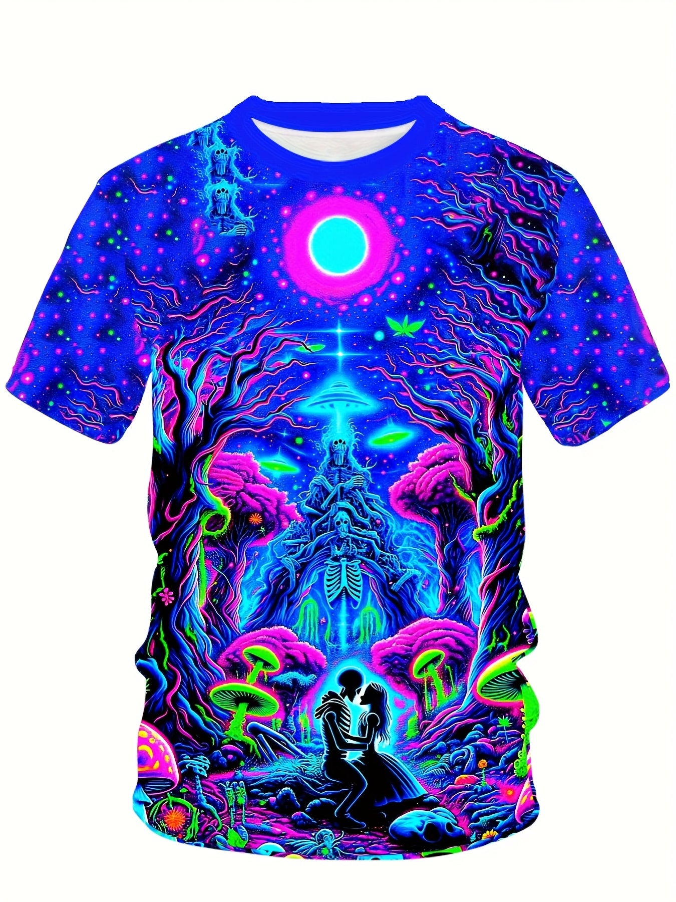 Men's 3D Printed Geometric Cosmic Scene Casual T-Shirt - Vibrant Neon Colors, Machine Washable Crew Neck Short Sleeve Top for Summer Outdoor Activities, Artistic Back Design